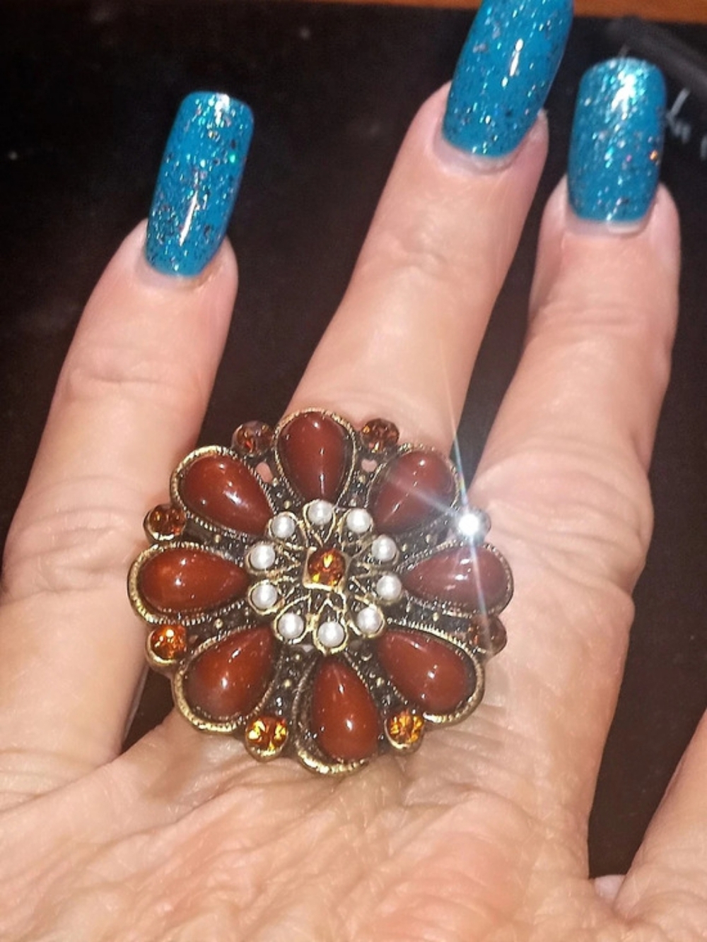 Floral Statement Ring in Brown & Gold Like New